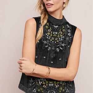Anthropologie Black Embroidered Velvet Mock Neck Sleeveless Top Size M